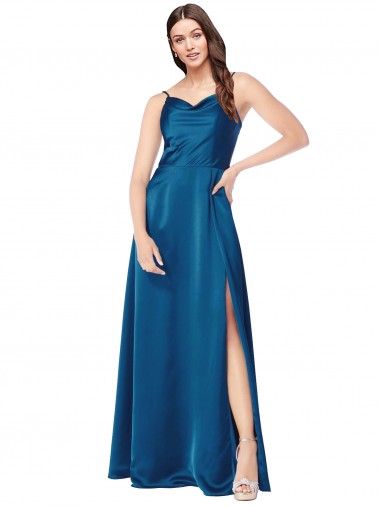 Silk like Satin Low Back Long Spaghetti Straps Peacock Blue A-Line Formal Evening Gown / Prom Dress / Bridesmaid Dress Stockport