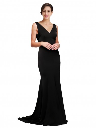 Silk like Satin Low Back Sweep Train V-Neck A-Line Formal Evening Gown / Prom Dress / Bridesmaid Dress Stockport
