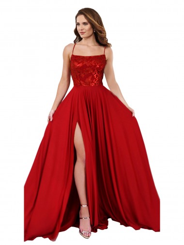 Spandex & Lace Criss Cross Open Back Long Spaghetti Straps A-Line Semi Formal Evening Dress / Prom Dress / Bridesmaid Dress Stockport