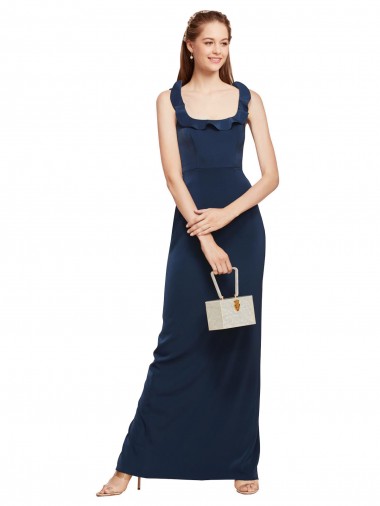 Stretch Crepe Low Back Long Scoop Neck Dark Navy Sheath Formal Evening Gown / Prom Dress / Bridesmaid Dress Stockport