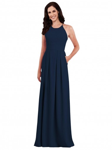 Stretch Crepe Criss Cross Open Back Long Halter Neck Trumpet Semi Formal Evening Dress / Bridesmaid Dress Stockport