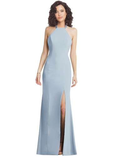Stretch Crepe Criss Cross Back Long Halter Neck Light Sky Blue Trumpet Formal Evening Gown / Prom Dress / Bridesmaid Dress Stockport