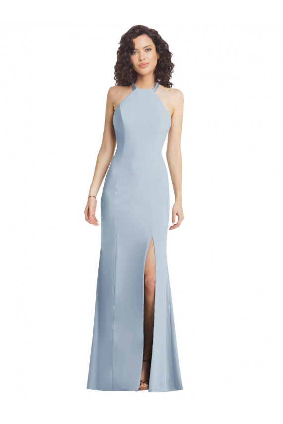 Stretch Crepe Criss Cross Back Long Halter Neck Light Sky Blue Trumpet Formal Evening Gown / Prom Dress / Bridesmaid Dress Stockport
