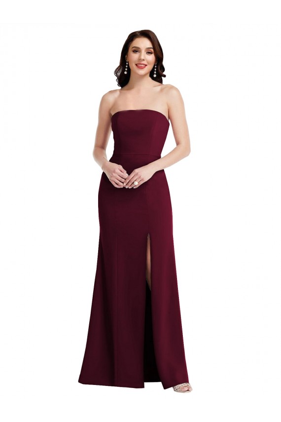 Stretch Crepe Long Strapless Burgundy Gold Trumpet Semi Formal Evening Dress / Prom Dress / Bridesmaid Dress Stockport