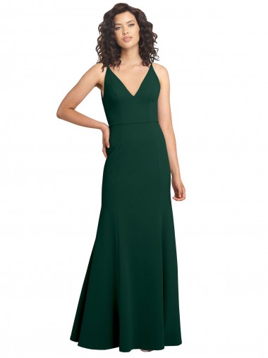 Stretch Crepe V-Back Long V-Neck Midnight Green A-Line Formal Dress / Bridesmaid Dress Stockport