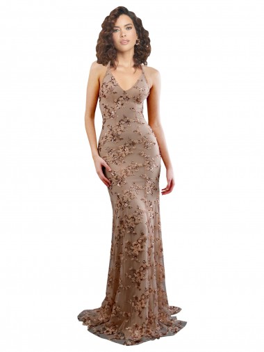 Stretch Crepe & Sequin Tulle Backless Long V-Neck Rose Gold Mermaid Formal Evening Gown / Prom Dress / Bridesmaid Dress Stockport