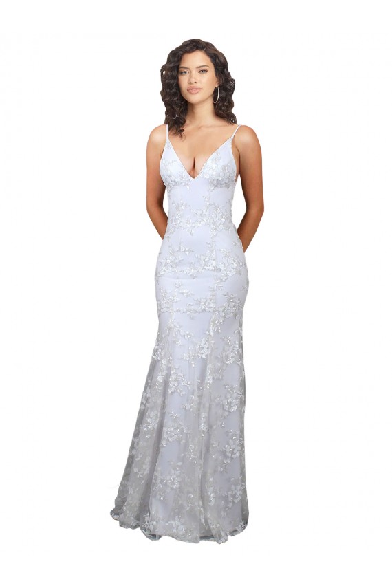 Stretch Crepe & Sequin Tulle Backless Long V-Neck White Mermaid Formal Evening Gown / Prom Dress / Bridesmaid Dress Stockport
