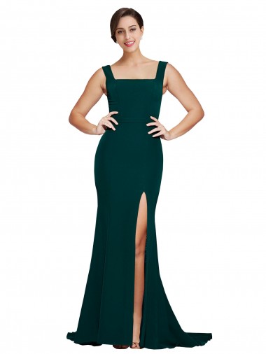 Stretch Crepe Sweep Train Square Neck Midnight Green Sheath Semi Formal Evening Dress / Prom Dress / Bridesmaid Dress Stockport