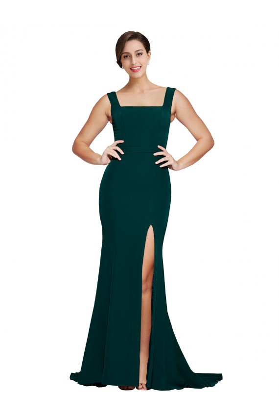 Stretch Crepe Sweep Train Square Neck Midnight Green Sheath Semi Formal Evening Dress / Prom Dress / Bridesmaid Dress Stockport