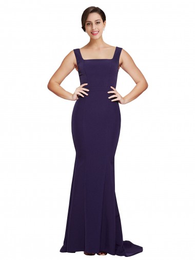 Stretch Crepe Sweep Train Square Neck Dark Navy Sheath Semi Formal Evening Dress / Prom Dress / Bridesmaid Dress Stockport