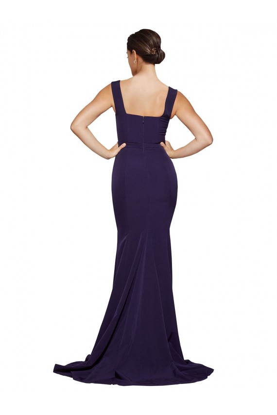 Stretch Crepe Sweep Train Square Neck Dark Navy Sheath Semi Formal Evening Dress / Prom Dress / Bridesmaid Dress Stockport