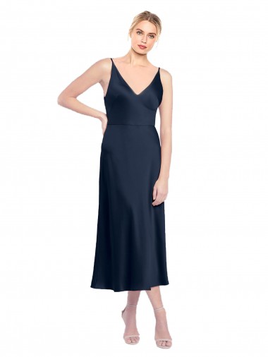 Stretch Satin V-Back Midi Length V-Neck A-Line Formal Evening Gown / Prom Dress / Bridesmaid Dress Stockport