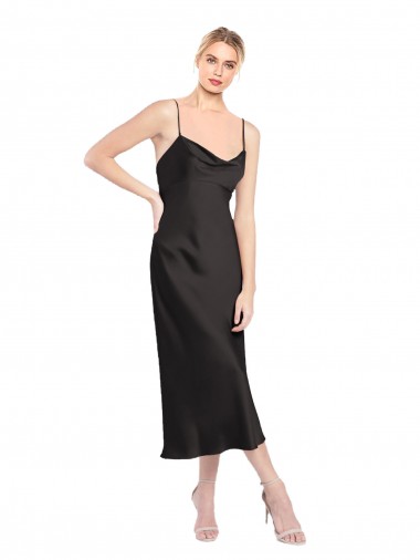 Stretch Satin Low Back Midi Length Spaghetti Straps A-Line Formal Evening Gown / Prom Dress / Bridesmaid Dress Stockport