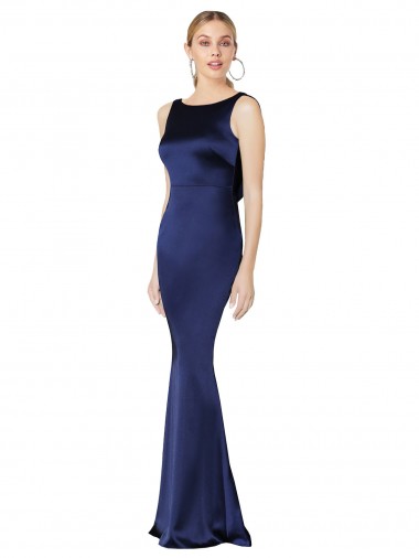 Stretch Satin Low Back Long Halter Neck Dark Navy Sheath Formal Evening Gown / Prom Dress / Bridesmaid Dress Stockport