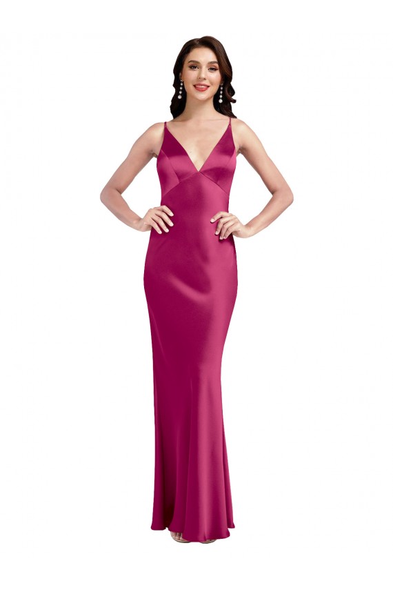 Stretch Satin Low Back Long Spaghetti Straps A-Line Formal Evening Dress / Bridesmaid Dress Stockport
