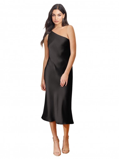 Stretch Satin Midi Length One Shoulder Sheath Black Tie Evening Dress / Prom Dress / Bridesmaid Dress Stockport
