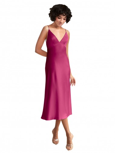 Stretch Satin Low Back Midi Length V-Neck A-Line Formal Evening Gown / Prom Dress / Bridesmaid Dress Stockport