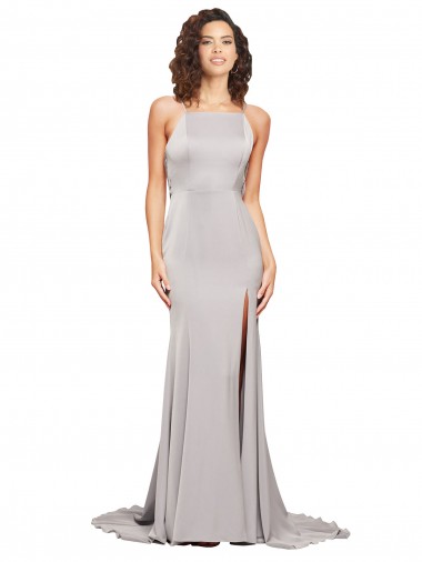 Stretch Satin Low Back Sweep Train High Neck A-Line Formal Evening Gown / Prom Dress / Bridesmaid Dress Stockport
