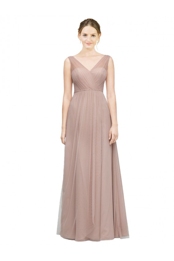 Tulle Long V-Neck Blush A-Line Bridesmaid Dress Stockport