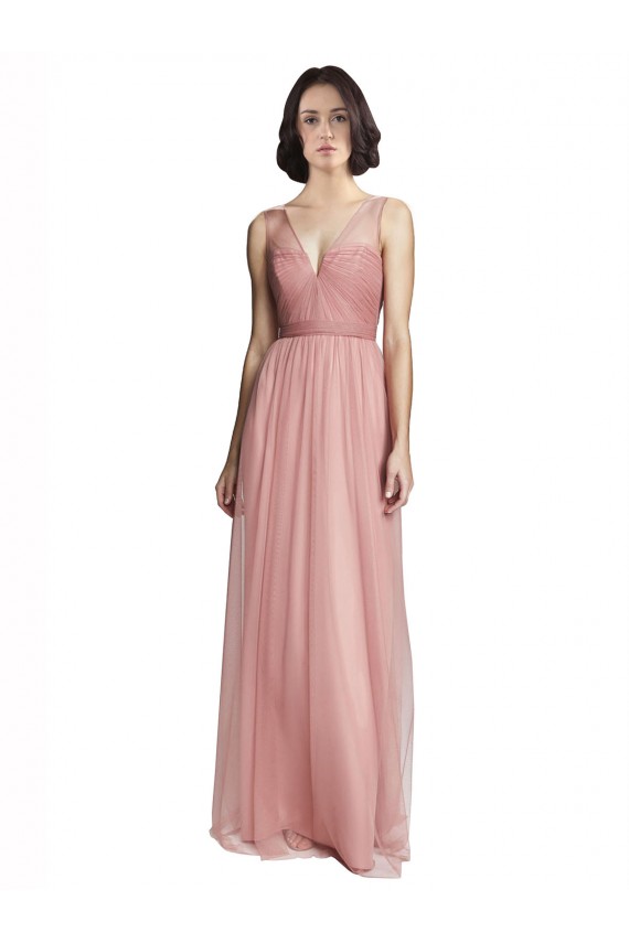 Tulle Long V-Neck Rose Pink A-Line Bridesmaid Dress Stockport