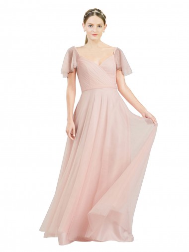 Tulle Long V-Neck Pink A-Line Formal Dress / Bridesmaid Dress Stockport