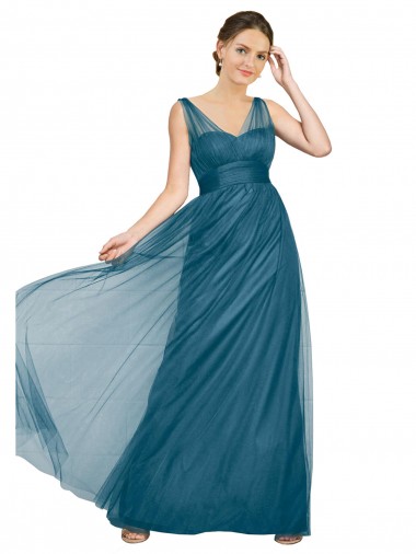 Tulle V-Back Long V-Neck Teal Green A-Line Bridesmaid Dress Stockport