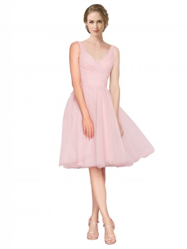 Tulle Knee Length V-Neck A-Line Bridesmaid Gown Stockport