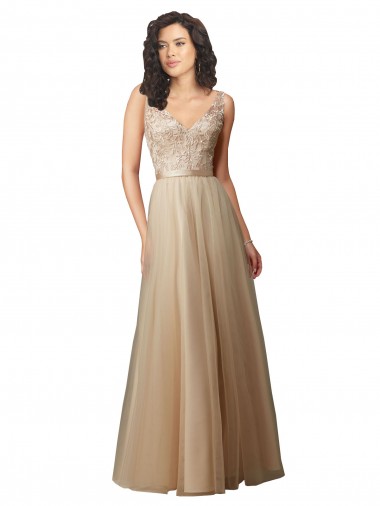Tulle & Lace V-Back Long V-Neck A-Line Bridesmaid Dress Stockport