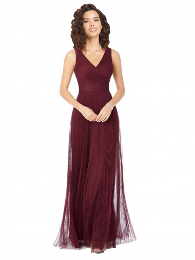 Tulle Long V-Neck Burgundy Gold A-Line Bridesmaid Dress Stockport