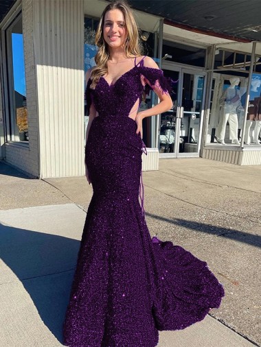 Velvet Sequin Court Train Spaghetti Straps Sheath Prom Dress / Evening Dress Stockport
