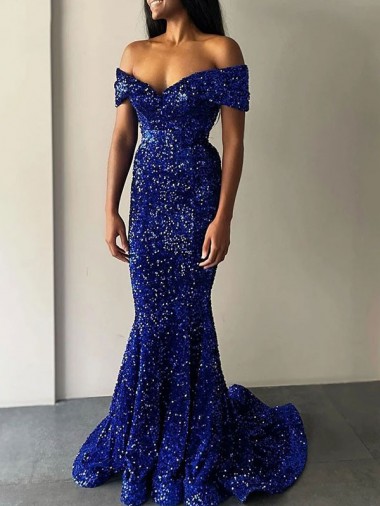 Velvet Sequin Sweep Train Off the Shoulder Mermaid Prom Dresses Stockport