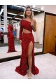 Velvet Sequin Long Sleeves One Shoulder Burgundy Mermaid Evening Dress Stockport