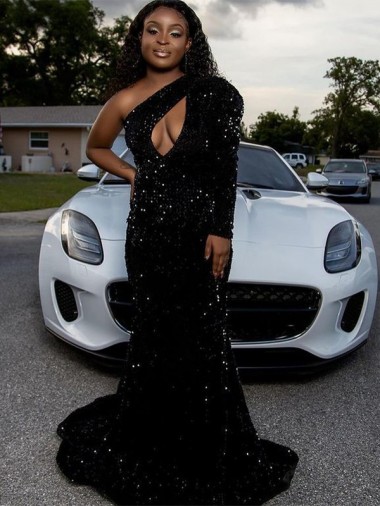 Velvet Sequin Long Sleeves One Shoulder Black Sheath Prom Dress Stockport