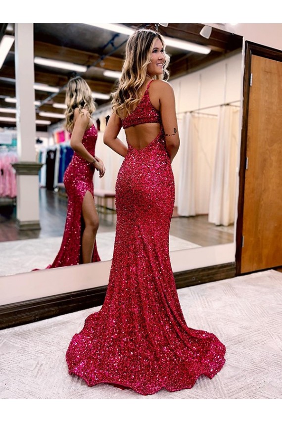 Velvet Sequin Sweep Train One Shoulder Mermaid Evening Dress Stockport