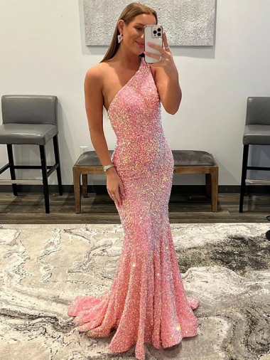 Velvet Sequin Sweep Train One Shoulder Sheath Prom Dress Stockport