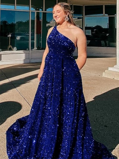 Velvet Sequin Sweep Train One Shoulder A-Line Prom Dress / Evening Gown Stockport