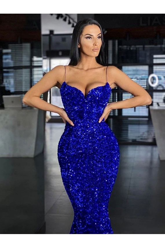 Velvet Sequin Sweep Train Spaghetti Straps Mermaid Evening Gown / Prom Dress Stockport