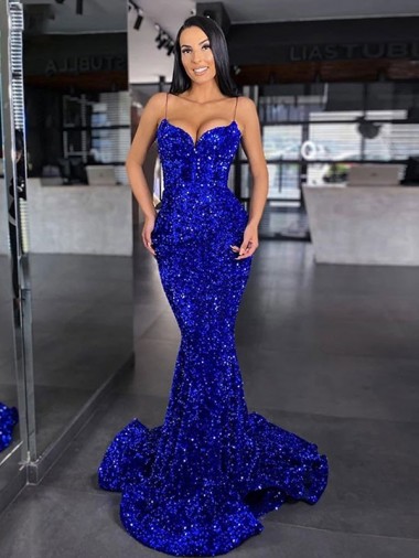 Velvet Sequin Sweep Train Spaghetti Straps Mermaid Evening Gown / Prom Dress Stockport