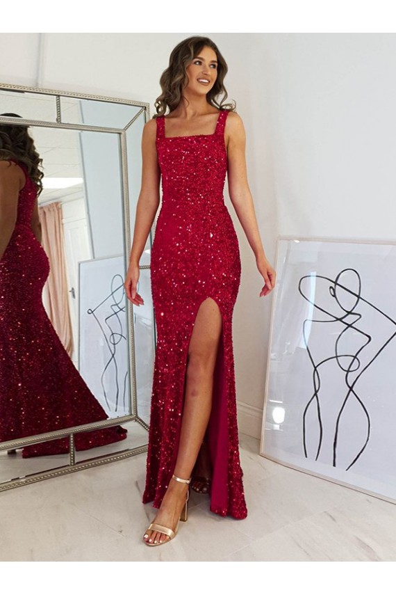 Velvet Sequin Long Square Neck Sheath Prom Dress Stockport