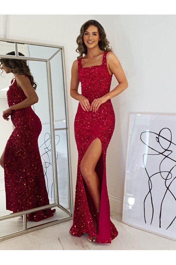 Velvet Sequin Long Square Neck Sheath Prom Dress Stockport