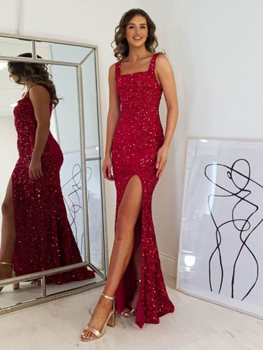 Velvet Sequin Long Square Neck Sheath Prom Dress Stockport