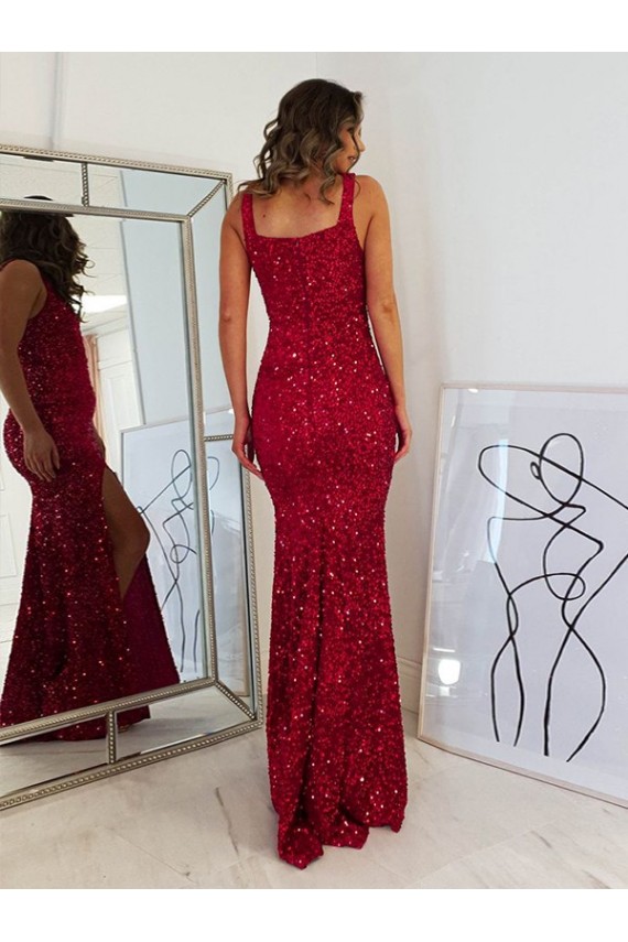 Velvet Sequin Long Square Neck Sheath Prom Dress Stockport