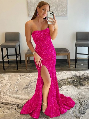 Velvet Sequin Sleeveless Strapless Fuchsia Sheath Prom Dress Stockport