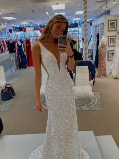 Velvet Sequin Sweep Train V-Neck Sheath Prom Dresses Stockport