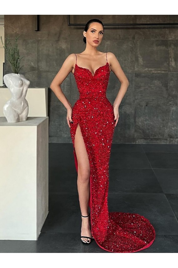 Velvet Sequin Sleeveless V-Neck Red Sheath Evening Gown / Prom Dress Stockport