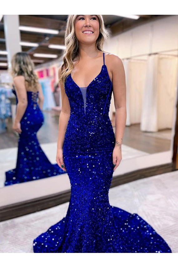Velvet Sequin Court Train V-Neck Mermaid Prom Dress Stockport