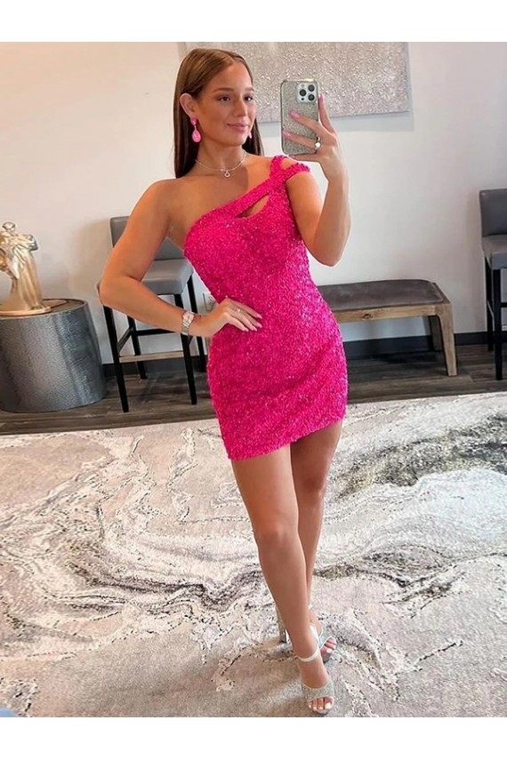 Velvet Sequin Sleeveless One Shoulder Fuchsia Sheath Prom Dresses Stockport