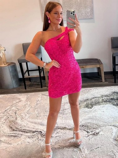 Velvet Sequin Sleeveless One Shoulder Fuchsia Sheath Prom Dresses Stockport