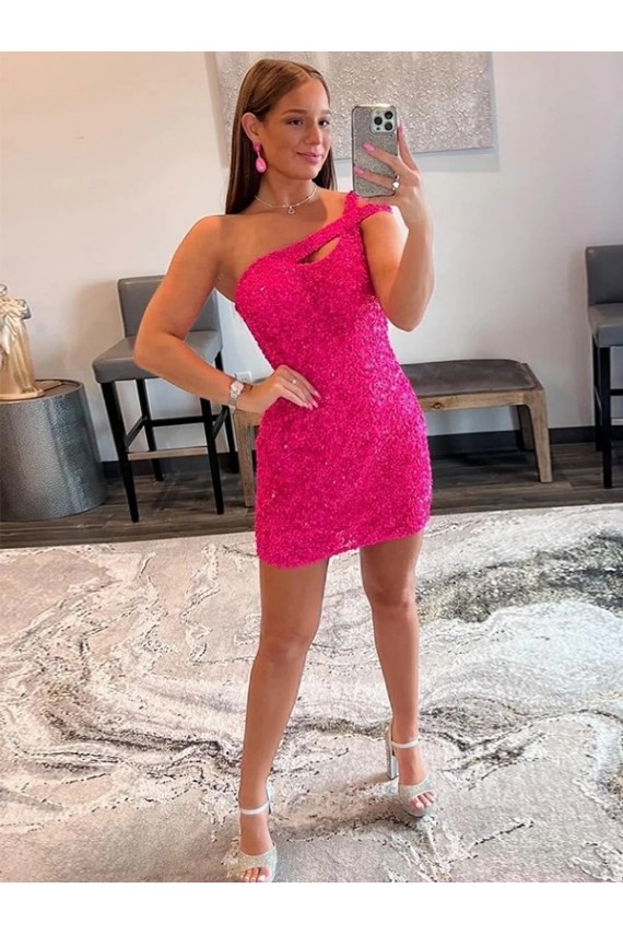 Velvet Sequin Sleeveless One Shoulder Fuchsia Sheath Prom Dresses Stockport