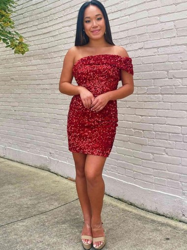 Velvet Sequin Short One Shoulder Sheath Prom Dress Stockport